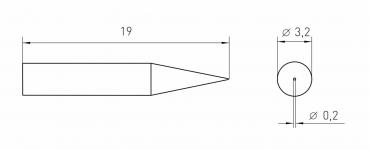 The image displays a technical drawing of a conical object: It is 19 mm in length, with a diameter of 3.2 mm at the base and 0.2 mm at the tip.