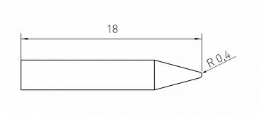 The image displays a technical drawing of an object with a length of 18 units. At the end, the shape tapers to a point with a curvature of 0.4.