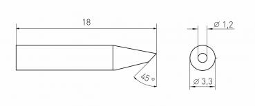 The image displays a technical drawing of an object. On the left is the side view featuring a long, pointed end and a width of 18 mm. On the right is the top view with a diameter of 3.3 mm and an opening of 1.2 mm.