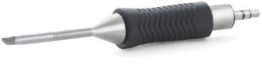 The image shows a tool with a sharp, silver metal tip. The handle is black, rubberized, and has grooves for better grip. It lies horizontally on a white background.