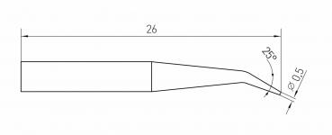 The image displays a technical drawing of a tool. It has a length of 26 mm, with a sharp, hook-like shape that has a diameter of 0.5 mm and extends at an angle of 25°.