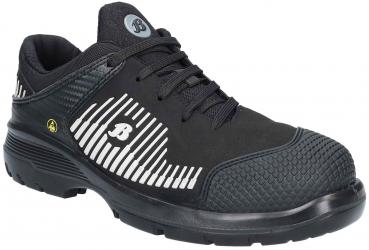 Der Schuh ist schwarz mit einem strukturierten, gummiartigen Rand. Er hat eine robuste, rutschfeste Sohle und seitliche weiße Streifen. Der Schnürverschluss sorgt für guten Halt.