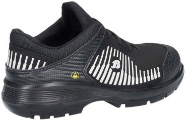 Der Schuh ist schwarz mit einem strukturierten Obermaterial. An der Seite sind horizontale, weiße Streifen und ein Logo zu sehen. Die Sohle ist robust und griffig, ideal für aktive Nutzung.