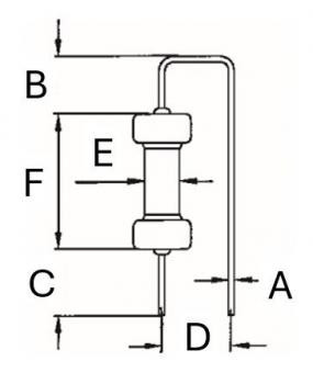 Das Bild zeigt eine technische Zeichnung eines Bauteils mit verschiedenen Maßen. Es gibt eine zylindrische Mitte mit zwei Enden, die unterschiedliche Längen (A bis F) aufweisen.