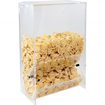 The image shows a transparent acrylic container filled with small, round, light-colored pasta. The pasta is arranged in a stack-like manner and visible through the clear front.