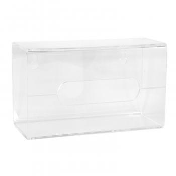 Das Bild zeigt eine transparente, rechteckige Box aus Kunststoff. Sie hat eine Öffnung auf der Vorderseite und keine sichtbaren Verschlüsse, ideal zum Aufbewahren oder Präsentieren von Objekten.
