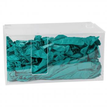 In a clear, rectangular box, there are many clustered turquoise balloons. The box has an opening on the front. The contents appear colorful and festive.