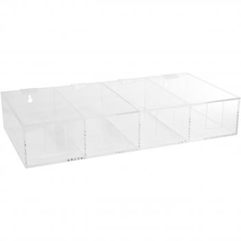 Das Bild zeigt einen transparenten Organizer aus Kunststoff mit drei gleich großen Fächern. Jedes Fach hat eine offene Vorderseite und ist ideal zum Sortieren kleiner Gegenstände.