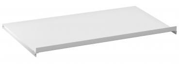 The image displays a rectangular, flat shelf in a matte white color. It features rounded edges and a smooth surface, without visible compartments or storage elements.