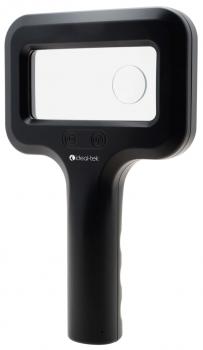 The image shows a black magnifying glass with a rectangular lens and a round auxiliary window. The handle is ergonomically designed, and there are two buttons at the lower end.