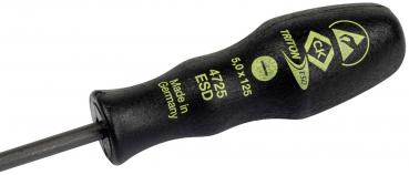 Das Bild zeigt einen schwarzen Schraubendreher mit einem ergonomischen Griff. Auf dem Griff sind gelbe Schriftzüge und ein Symbol zu erkennen. Die Klinge ist schmal und gerade.