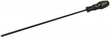 The image shows a long screwdriver with a black, ergonomic handle. The handle has a green marking. The blade is thin and straight, ideal for precise screwing.