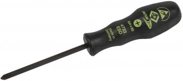 The image shows a black screwdriver with an ergonomic handle. The handle has green inscriptions and a curved end. The blade is narrow and straight, suitable for screws.