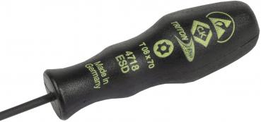 The image shows a black screwdriver with an ergonomic handle and yellow lettering. The blade is thin and long, suitable for fine work. The handle reads "Made in Germany".