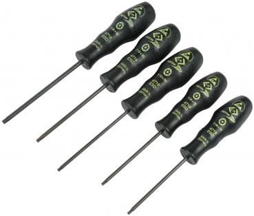 In the picture, there are five black screwdrivers with ergonomic handles. Each screwdriver has a different length and is labeled with greenish writing.