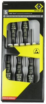The image shows a screwdriver set with five Torx screwdrivers in a package. The handles are black with yellow and white markings. The dimensions are printed.