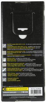 The picture shows the back of a product packaging. It features several text sections in different languages, many technical notes, and safety instructions are visible.