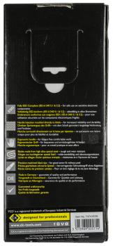 The image shows a black package with white and colorful texts. The back contains various information about safety, quality, and usage. There are symbols for electrical safety visible.