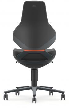 The chair has a modern, ergonomic shape with a high backrest. It stands on a five-rayed, swivel base. An orange accent is visible in the middle of the backrest.