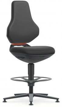 The chair features an ergonomic, black faux leather seat with a high, shell-shaped backrest. It stands on a sturdy, round base with five casters for mobility.