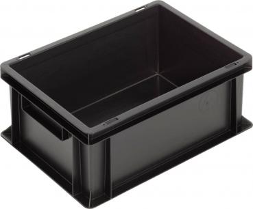 The image shows a rectangular, black plastic box without a lid. It has sturdy walls, a smooth surface, and two side handles for easy carrying.