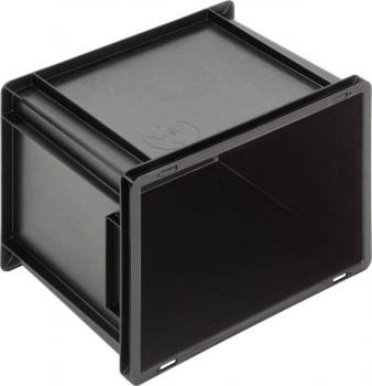Es handelt sich um eine schwarze, rechteckige Kunststoffbox ohne Deckel. Die Vorderseite ist offen, und an einer Seite befindet sich ein kleiner Schlitz. Die Box hat eine glatte Oberfläche.