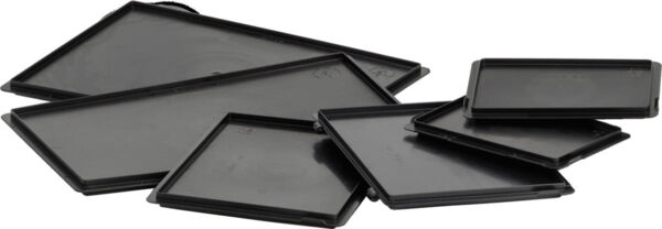 The image shows a flat, rectangular black plastic plate with slightly raised edges. In the center, there is a gentle indentation. The surface is smooth.