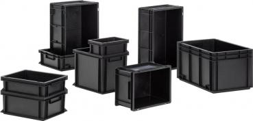 The image displays a rectangular, black plastic box without a lid. It has smooth interior walls and sturdy sides, perfect for storing or transporting items.