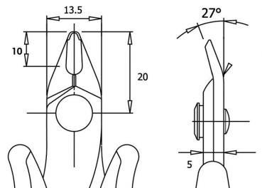 Das Bild zeigt technische Zeichnungen eines Werkzeugs. Es gibt Ansichten von oben und von der Seite mit Maßangaben: Breite 13,5 mm, Höhe 20 mm und Winkel von 27°.