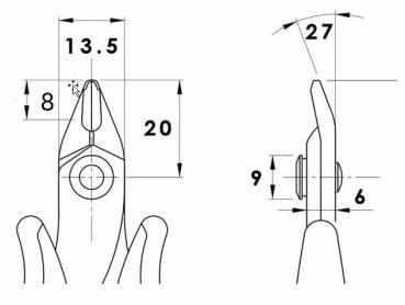 Das Bild zeigt technische Zeichnungen von Zangen. Links ist die Vorderansicht mit Maßen angegeben: 13,5 mm Breite, 20 mm Höhe, 8 mm Abstand. Rechts ist eine Seitenansicht mit 27 mm Länge.