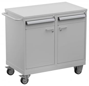 This is a gray trolley with a smooth top. It has two drawers with silver handles and two doors below. The casters are designed for mobility.