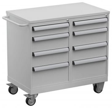 The image shows a gray tool cart with two rows of drawers and a flat countertop on top. It has wheels for mobility and a handle on the side.