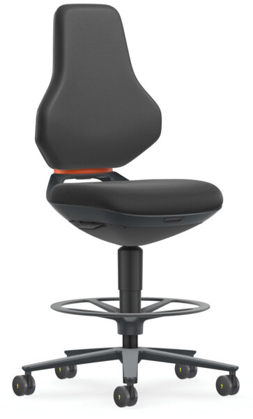 The chair has a high, ergonomically shaped backrest and a padded seat. It stands on a five-spoke base with casters and has a foot ring for additional support.