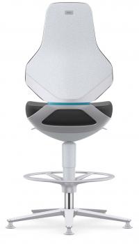 The image shows a modern swivel chair with a light, simple backrest and a dark seating area. The chair has a metallic base with casters and a foot ring.