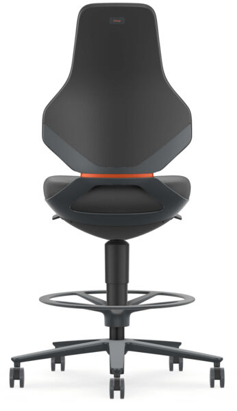 The image shows a modern swivel chair. It has a tall, ergonomic backrest and a padded seat. The base is black with casters and a round footrest.