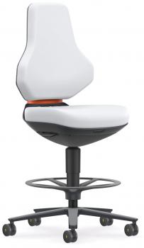 The chair has a high, ergonomic backrest and a wide seat. It is upholstered in white, has a black base with casters, and a foot ring for support.