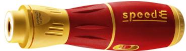 Es handelt sich um eine rote Taschenlampe mit goldenen Akzenten. Sie hat eine ergonomische Form, eine rutschfeste Oberfläche und trägt den Schriftzug ?speed? auf der Seite.