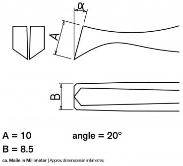 The image displays technical drawings of a shape with two dimensions: A (10 mm) and B (8.5 mm). There is an angle of 20°. The shapes are schematically illustrated.