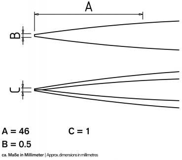 The image displays a technical drawing with three dimension lines (A, B, C) and corresponding measurements in millimeters. The lines indicate various widths and shapes.