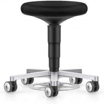 The stool has a round, black seat and a metal base. It stands on five casters, which provide it mobility. The stand is height adjustable.