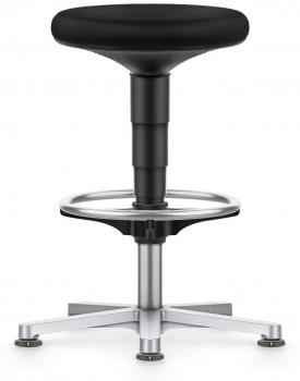 The image shows a black stool with a round seat. It features an adjustable-height stand and a chrome footrest. The base has four silver legs.