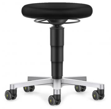 The image shows a black stool with a round seat and a sturdy, adjustable base. It has five silver casters and a black-gray central column for movement.