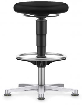 The stool has a round, black seat and an adjustable height. It stands on a sturdy, chrome-plated base with five casters. The base is in a star-shaped design.