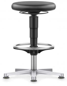 The image shows an adjustable stool with a round, black seat and a sturdy, silver metal frame. The stool has five legs and a central, adjustable column.