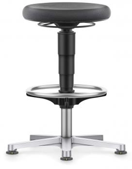 The image displays an adjustable bar stool with a round, black seat and a chrome foot ring. The base has five silver legs and is height-adjustable.