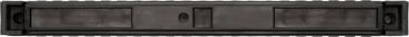 The image shows a long, narrow black object with two rectangular openings and a small round recess. It appears sturdy and could be a part of a technical device.