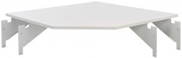 The image shows a white, hexagonal table or shelf. It stands on two sturdy, slanted metal legs that support the piece of furniture. The surface appears smooth and even.