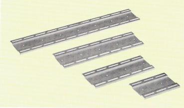 The image shows four long, narrow metal plates of different lengths. They are flat and have uniform holes in a row along the edges. The background is light.