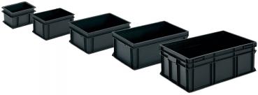 The image displays a rectangular, black plastic container with an open top. It has smooth walls and feet on the sides for stability.