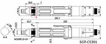 The image displays technical drawings of a component with dimensions in millimeters. Multiple views are shown, including a top view and a side view.